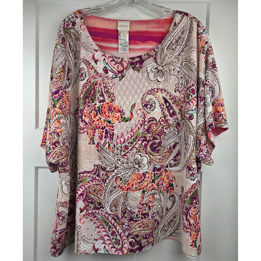 Chico's Size 4‎ Reversible Blouse Floral Paisley Watercolor Stripe Colorful